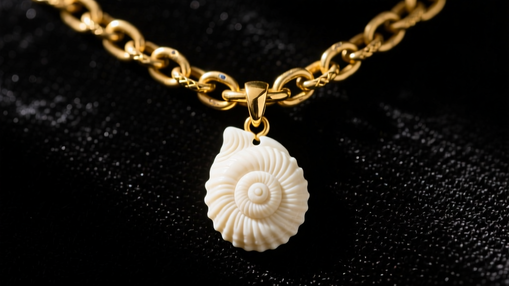 Close-up of vintage Whiting and Davis gold-plated brass mesh chain holding a carved white conch shell cameo pendant on dark velvet