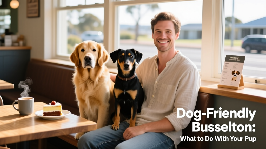 Two dogs sit on someone's lap in a cafe.