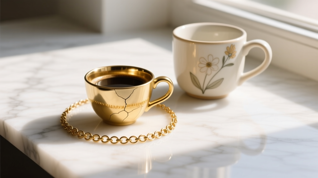 Flat lay of a gold vermeil coffee cup necklace resting on a white marble surface next to a ceramic mug in soft morning light