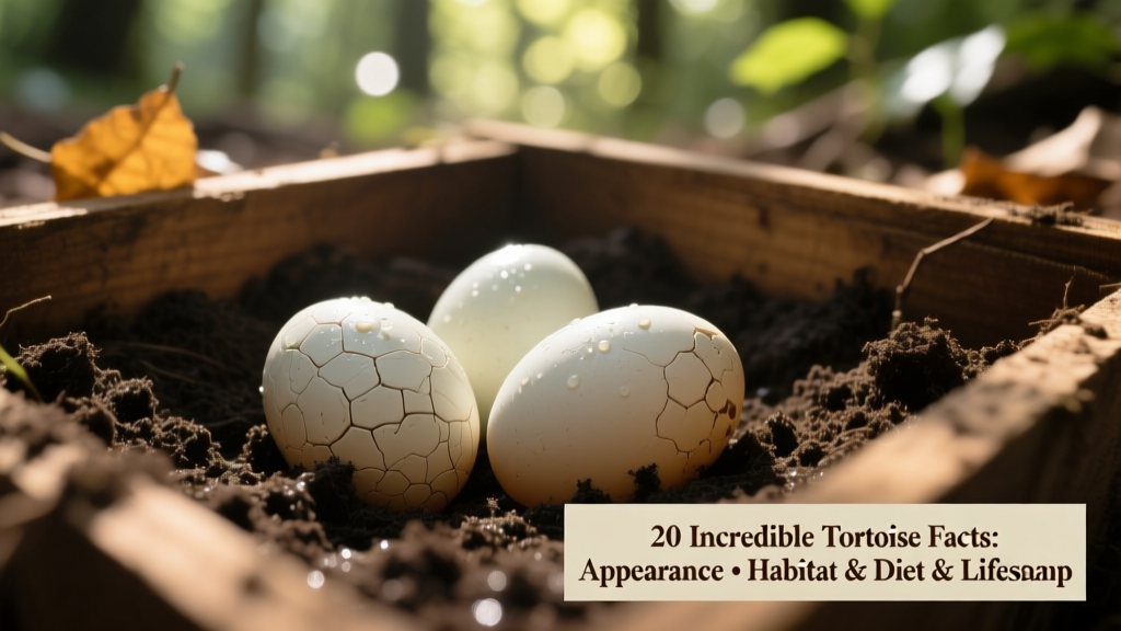 A clutch of leathery, white tortoise eggs nestled in moist soil inside a nesting box, with soft lighting highlighting texture and shape