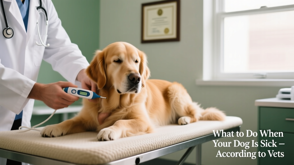 Veterinarian gently taking a dog's temperature with a digital rectal thermometer