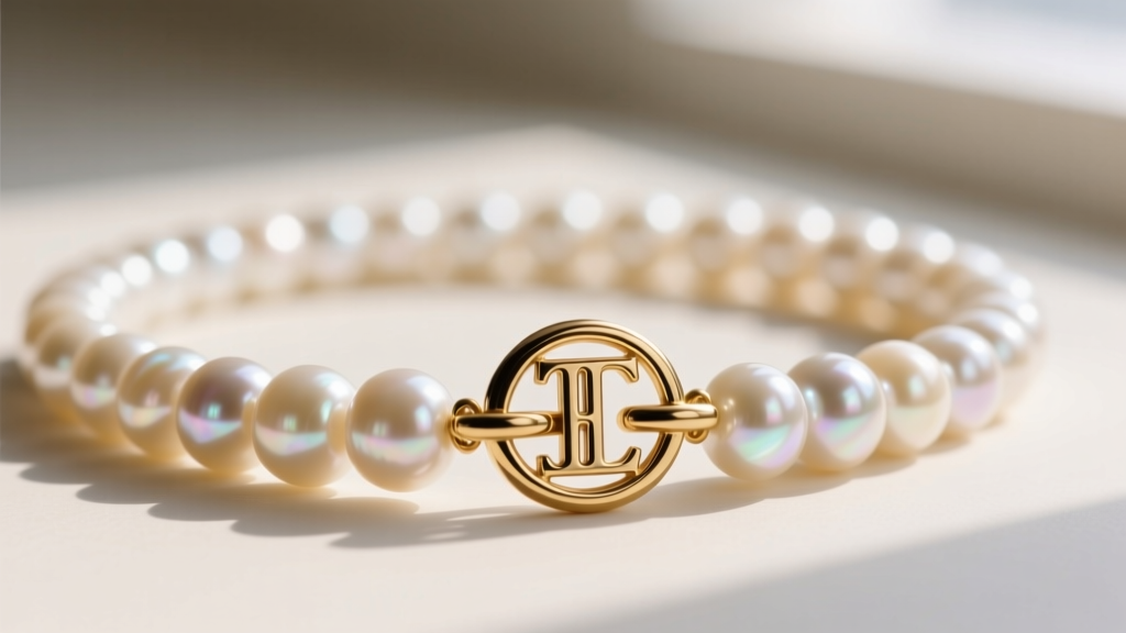 Macro shot of a shell pearl strand showing uniform luster and a gold-tone brass toggle clasp engraved with the iconic RL logo.