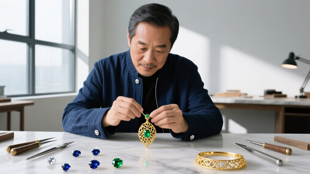 A jeweler's loupe examining worn gold plating on a brass chain link, revealing the base metal beneath under bright studio light.