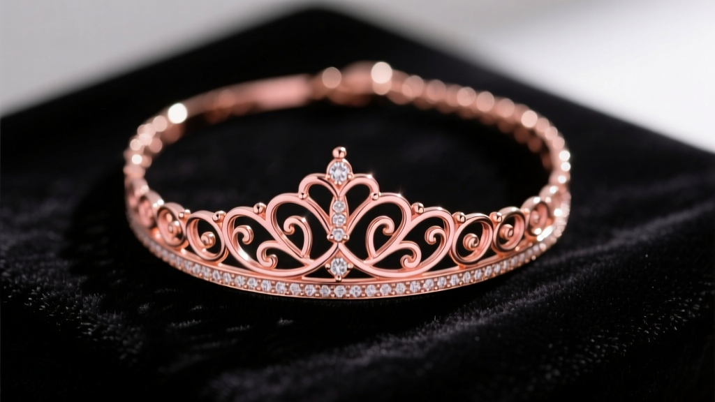 Close-up of a 14k rose gold crown necklace on dark velvet, highlighting its pink-copper luster and intricate filigree details.