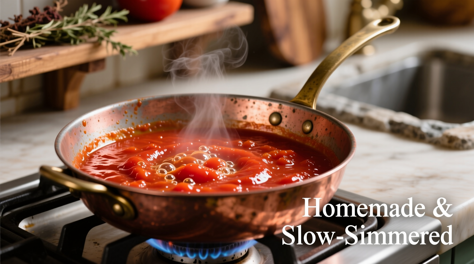 Fresh tomato sauce simmering in copper pan