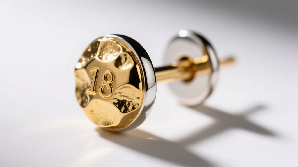 Macro shot of a gold vermeil earring post showing the thick gold layer over a sterling silver base under directional spotlight.