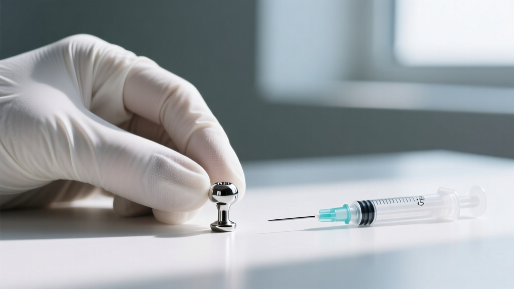 Gloved hands holding a sterilized 16-gauge titanium labret stud next to a single-use hollow needle in a bright studio.