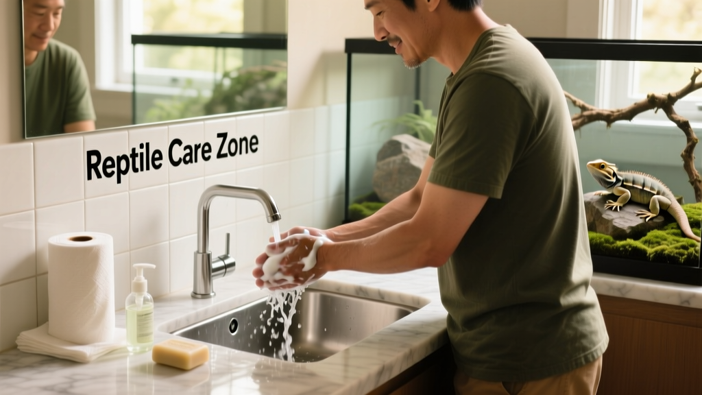 A person washing hands thoroughly at a sink labeled 'Reptile Care Zone' with soap, towel, and hand sanitizer nearby