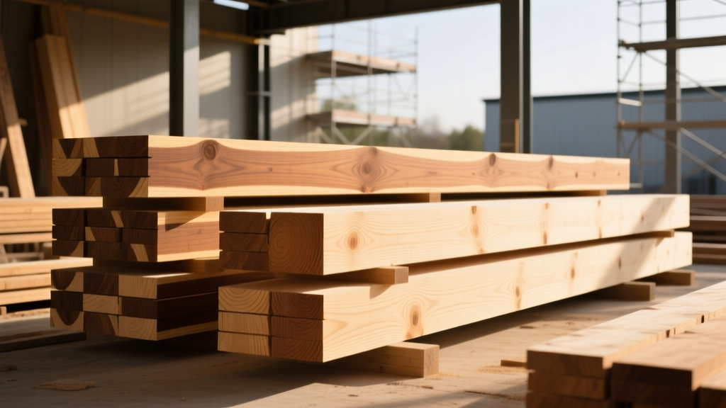 Stacked dimensional spruce lumber and large engineered glulam beams in a modern framing yard for residential construction