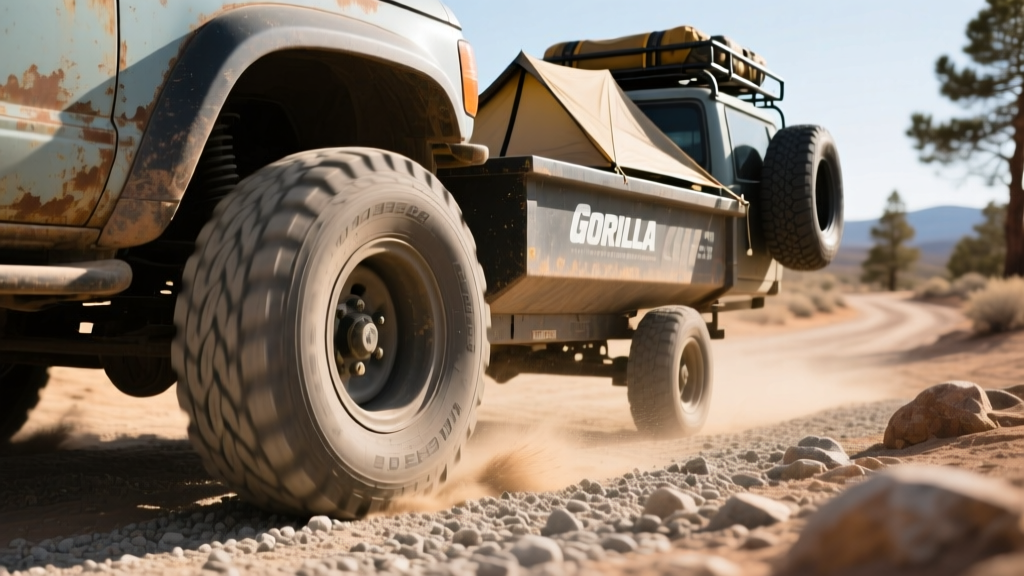 Close-up of 10-inch pneumatic tires on a Gorilla Carts poly dump cart navigating gravel near an overlanding SUV with rooftop gear.