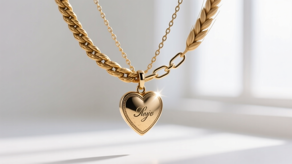Antique gold rope chain holding a vintage heart necklace, layered with a modern wheat chain, shot in bright natural window light.