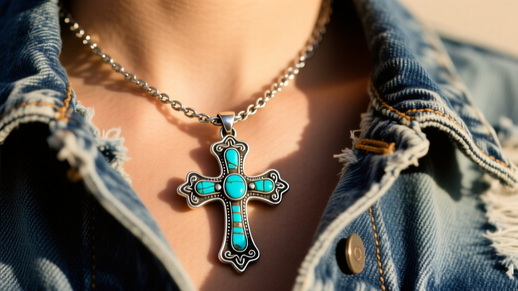 Close-up of oxidized sterling silver western cross necklace with turquoise inlay resting on faded denim jacket collar in warm sunlight.