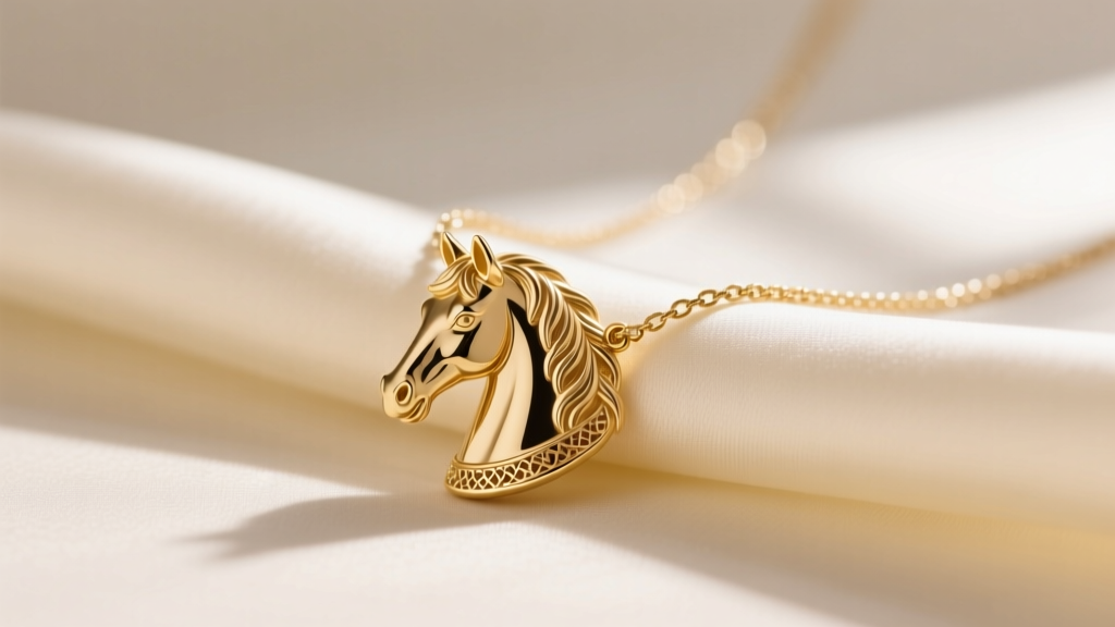 14k gold horse charm necklace on cream silk, soft light highlighting intricate mane details and a 1.2mm cable chain link.