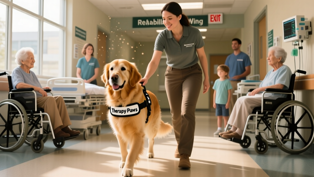 A trainer guiding a golden retriever through a simulated hospital hallway with wheelchairs and volunteers