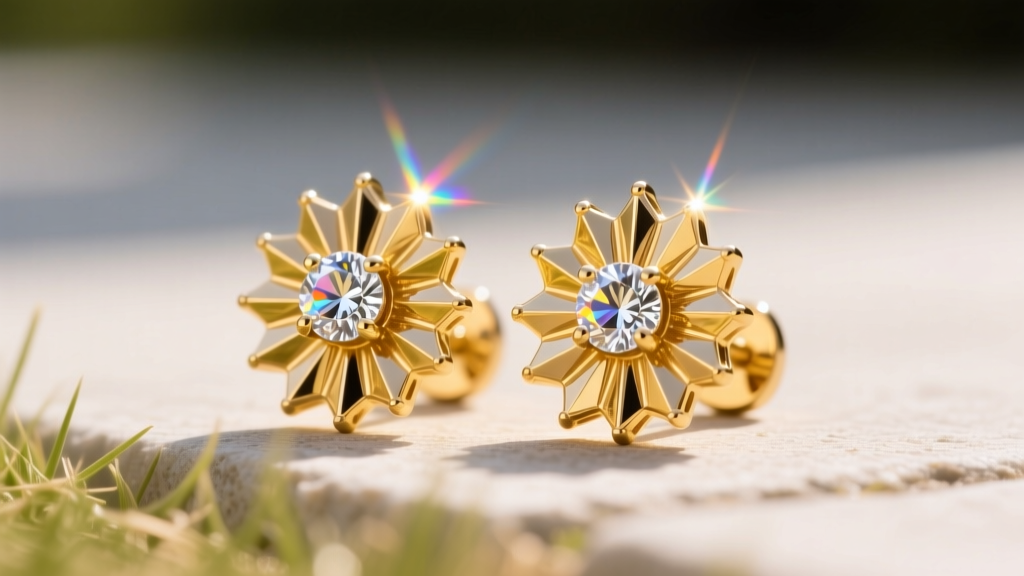 Close-up of 18k yellow gold sunburst stud earrings with a central moissanite gemstone catching bright direct natural sunlight outdoors