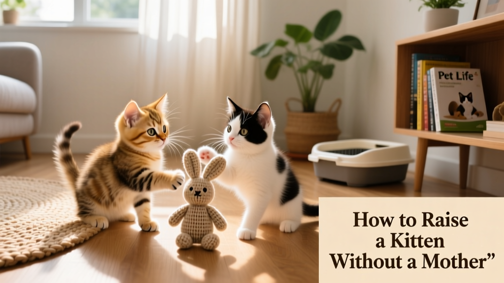 Two fluffy, playful kittens batting at a soft toy in a sunlit, cozy corner with a small litter box nearby