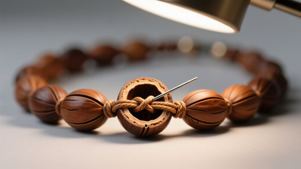 Macro shot of a repaired brown kukui nut lei necklace showing a secure surgeon knot hidden inside the central bead under a desk lamp