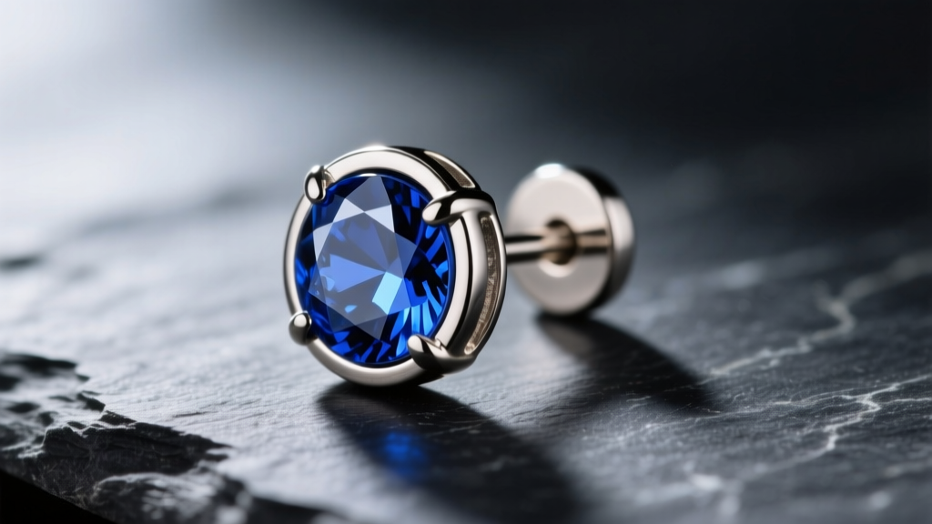 Macro shot of an 18-gauge titanium threadless flat back earring with a bezel-set sapphire gem resting on a dark slate surface.