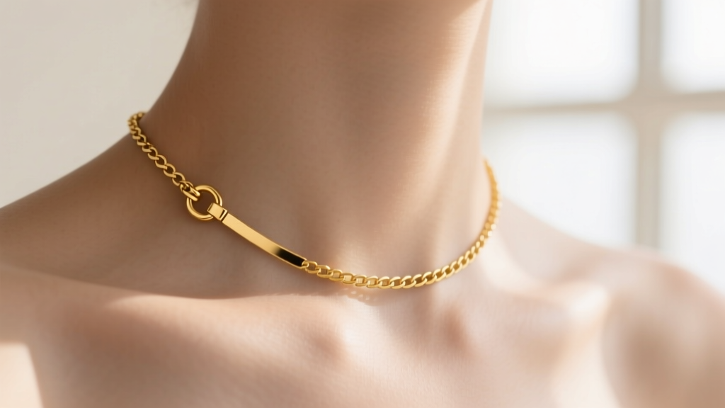 Delicate 14k yellow gold 1mm box chain choker resting on a collarbone, featuring a secure lobster clasp under soft lighting