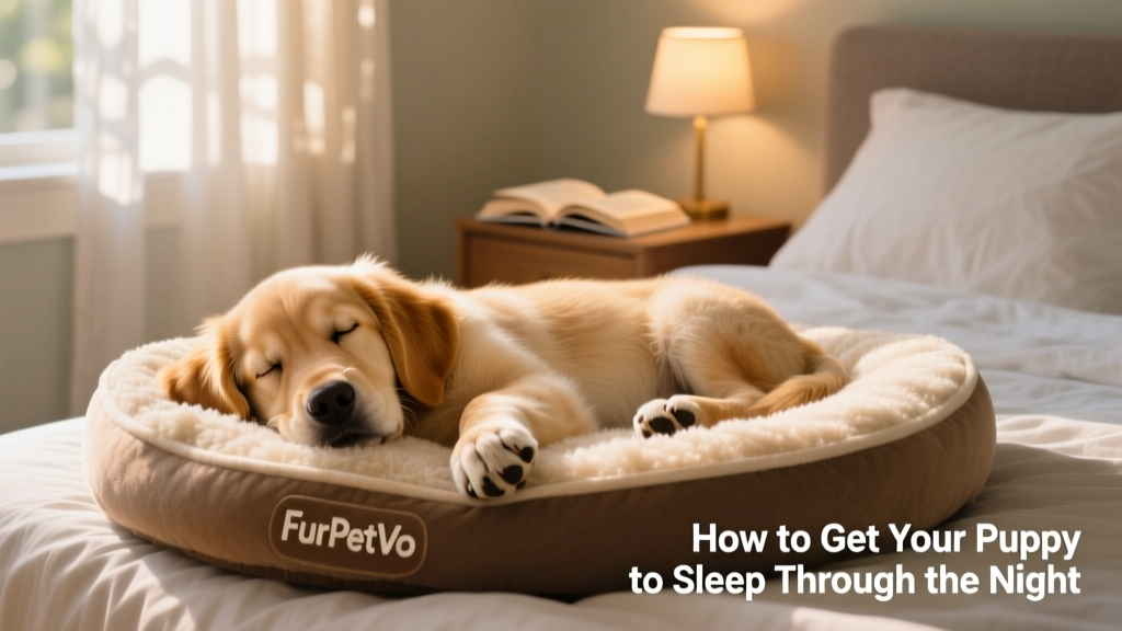 A happy, relaxed puppy lying next to their owner’s bed on a soft FurPetVo dog bed