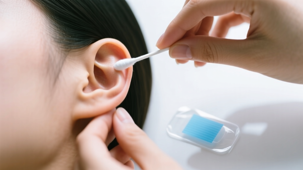 Overhead view of hands using an alcohol swab to clean the back of an earlobe before applying a clear earring support patch