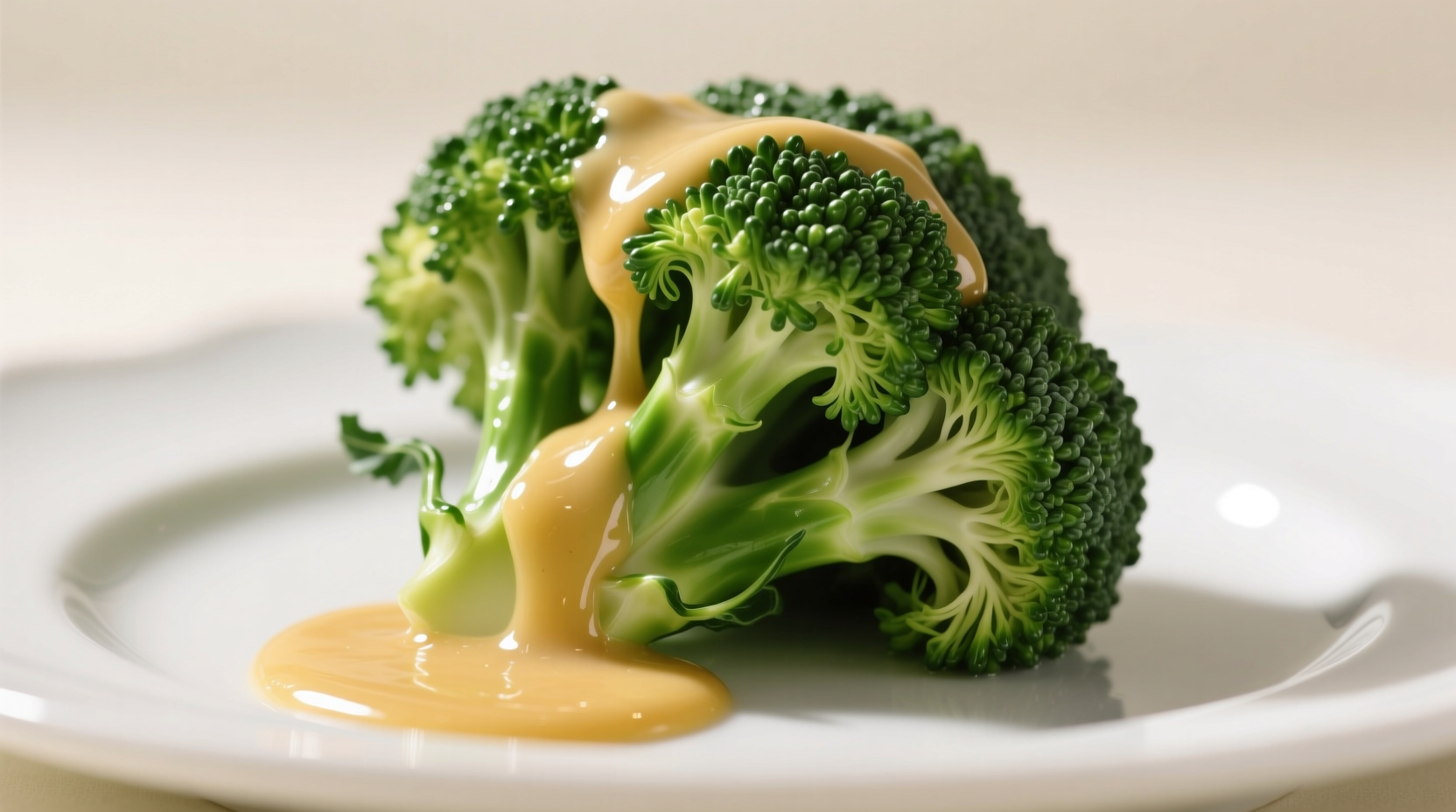 Perfect broccoli with garlic sauce on white plate