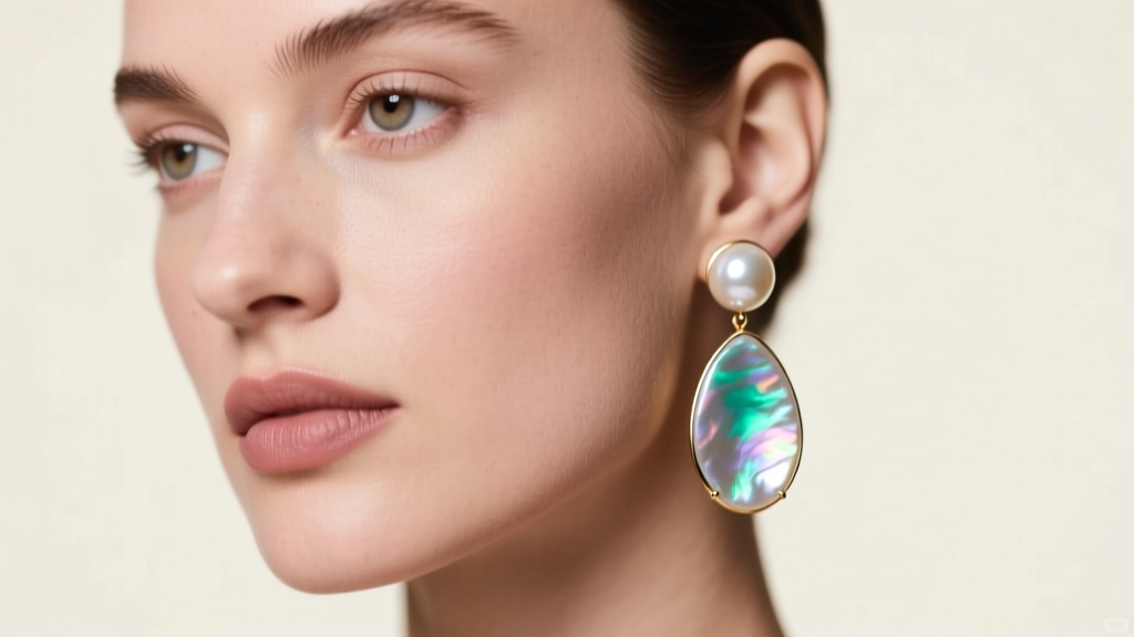 Close-up of a woman wearing mismatched 8mm baroque pearl drop earrings, soft studio lighting highlighting iridescent nacre luster