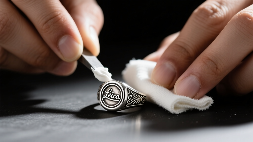 Hands using microfiber cloth and white calcium carbonate paste to gently polish a vintage sterling silver signet ring on dark mat
