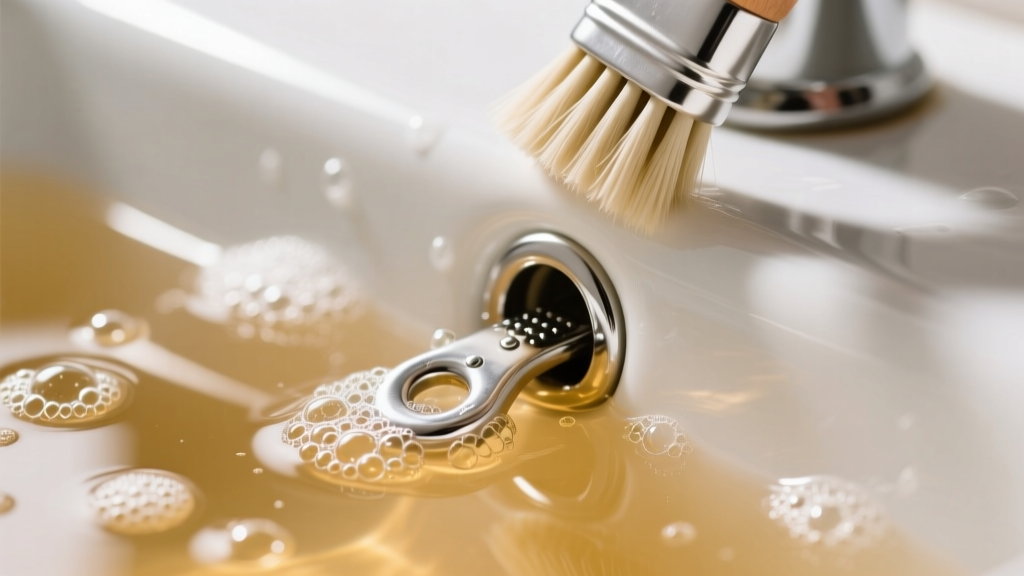 Soft brush cleaning the crevices of a silver monster tab clasp submerged in warm soapy water under bright, clean lighting.