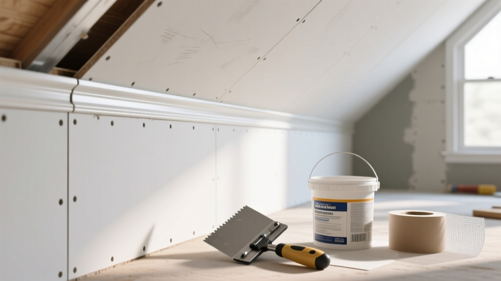 Close-up of a white vinyl gypsum board control joint being installed along a long drywall ceiling seam with joint compound tools nearby