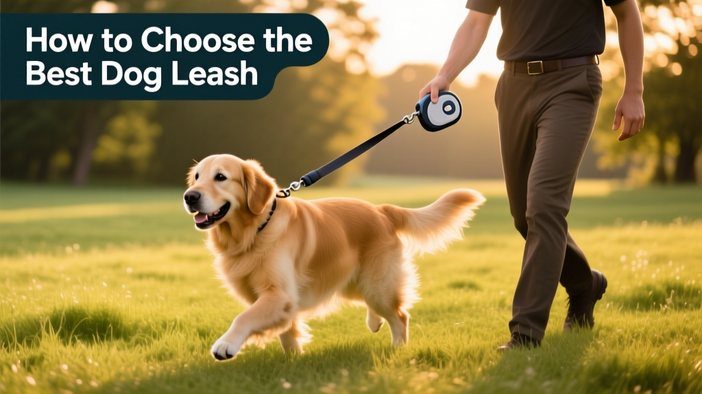 Person using a retractable leash with a relaxed golden retriever in a grassy field; leash extended halfway, handler’s hand resting comfortably on the padded handle