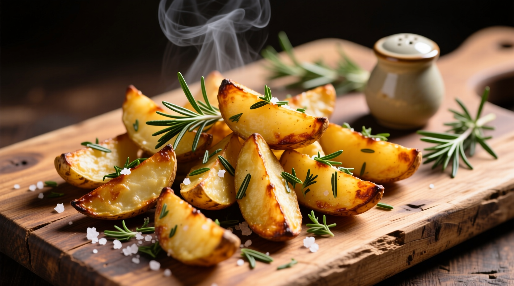 Freshly baked potato wedges with herbs on wooden board
