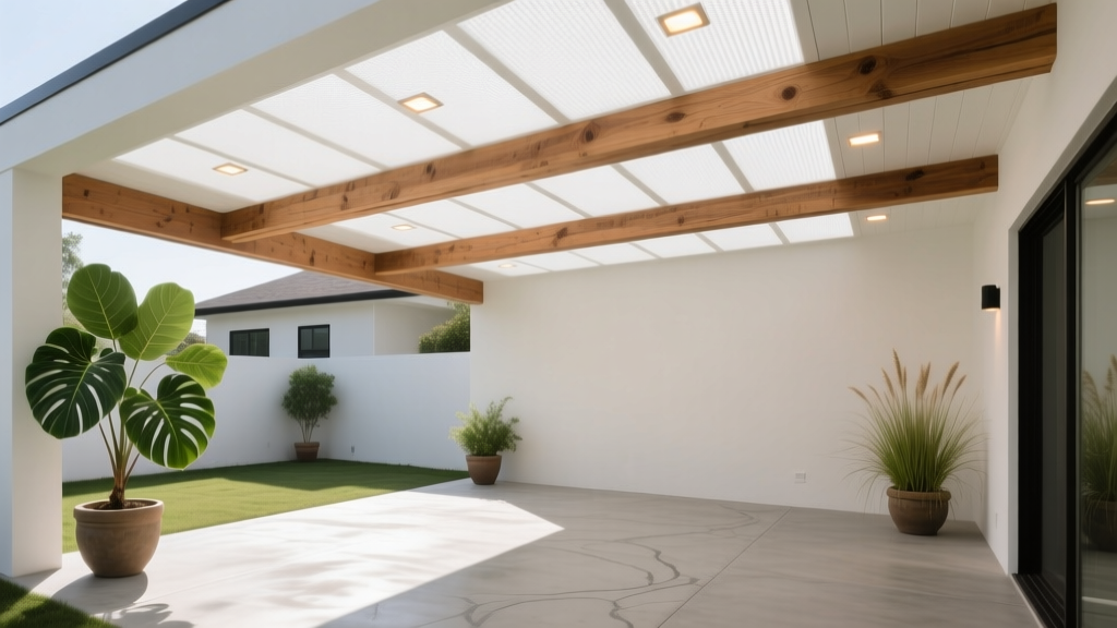 Modern covered patio featuring a seamless white cellular PVC waterproof outdoor ceiling material with recessed LED lighting and exposed cedar beams
