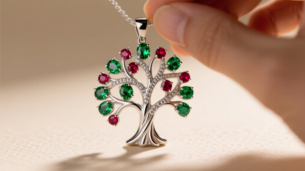 Jeweler inspecting a rhodium-plated sterling silver tree pendant with bezel-set lab emeralds and rubies under bright lighting.
