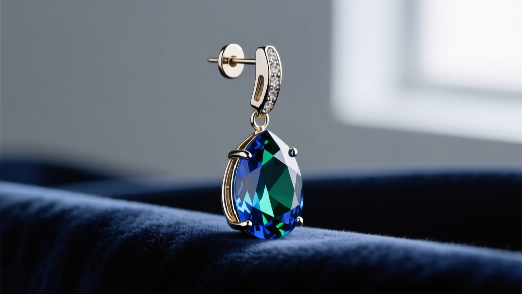 Side view of a heavy gemstone drop earring with a hinged leverback clasp and snap closure, resting on dark navy velvet fabric.