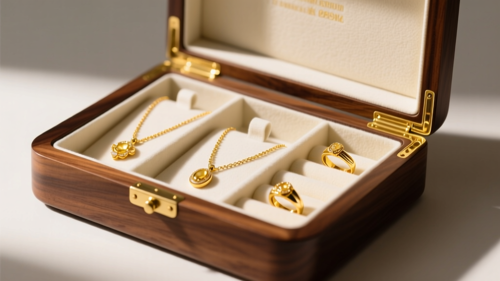 Open walnut wood jewelry box with gold trim, displaying 18k yellow gold necklaces and rings on cream cotton interior lining.