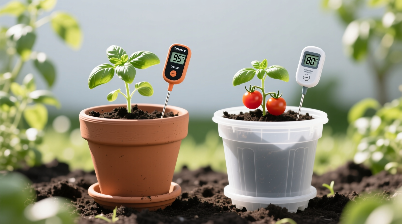 Spring planting season showing terracotta vs plastic containers side-by-side with soil thermometer readings proving plastic retains 15°F more heat in full sun