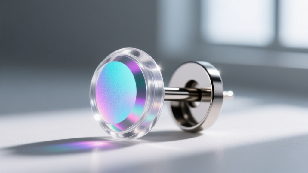 Titanium earring post coated in clear polymer barrier spray under UV light, revealing an even, flawless protective layer