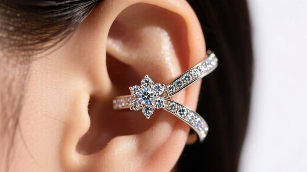 Macro shot of a diamond-encrusted ribbon ear cuff climbing the cartilage, sparkling under warm studio jewelry lighting setups.