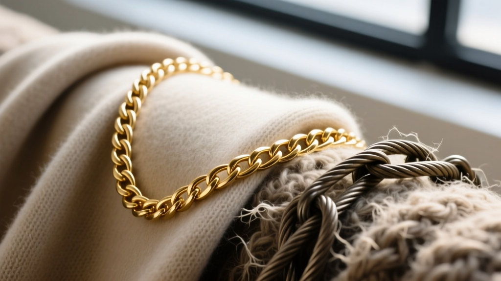 Close up of a 3mm gold herringbone chain on fine cashmere contrasting with a snagged 0.8mm cable chain on thick raw wool fabric