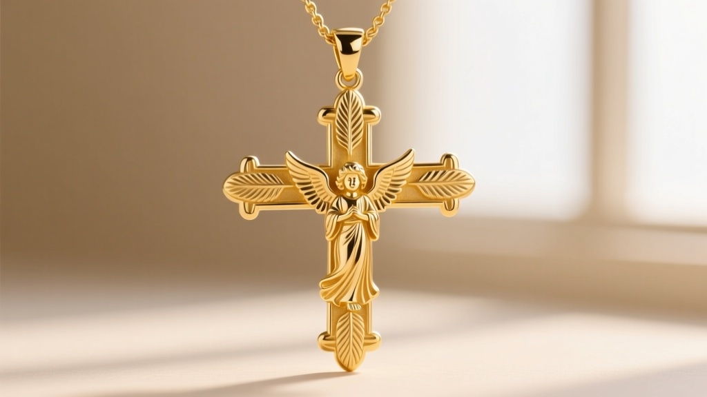 Macro shot of an 18k yellow gold Caravaca cross pendant showing engraved angels on the horizontal bars, blurred background