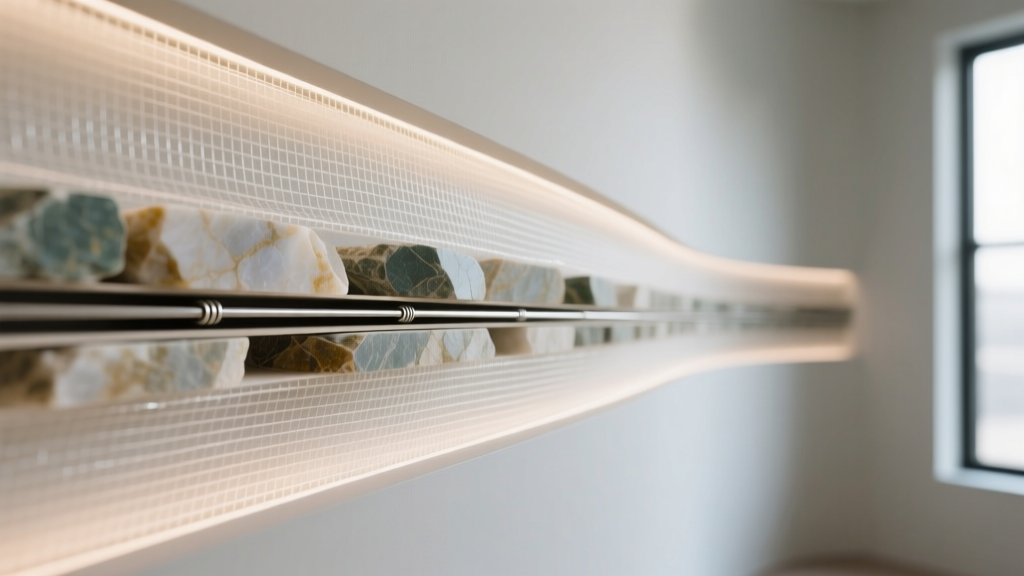 Cross-section macro photography of 2mm flexible ultra thin stone veneer bonded to fiberglass mesh backing applied on a curved interior wall