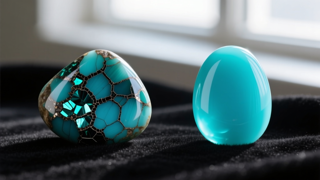 Side-by-side view of natural and stabilized turquoise cabochons, showing matrix webbing and surface luster differences on dark felt.