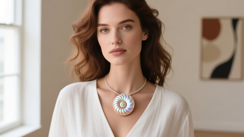Woman wearing a white V-neck linen blouse with a medium nautilus shell necklace resting perfectly at the collarbone hollow.