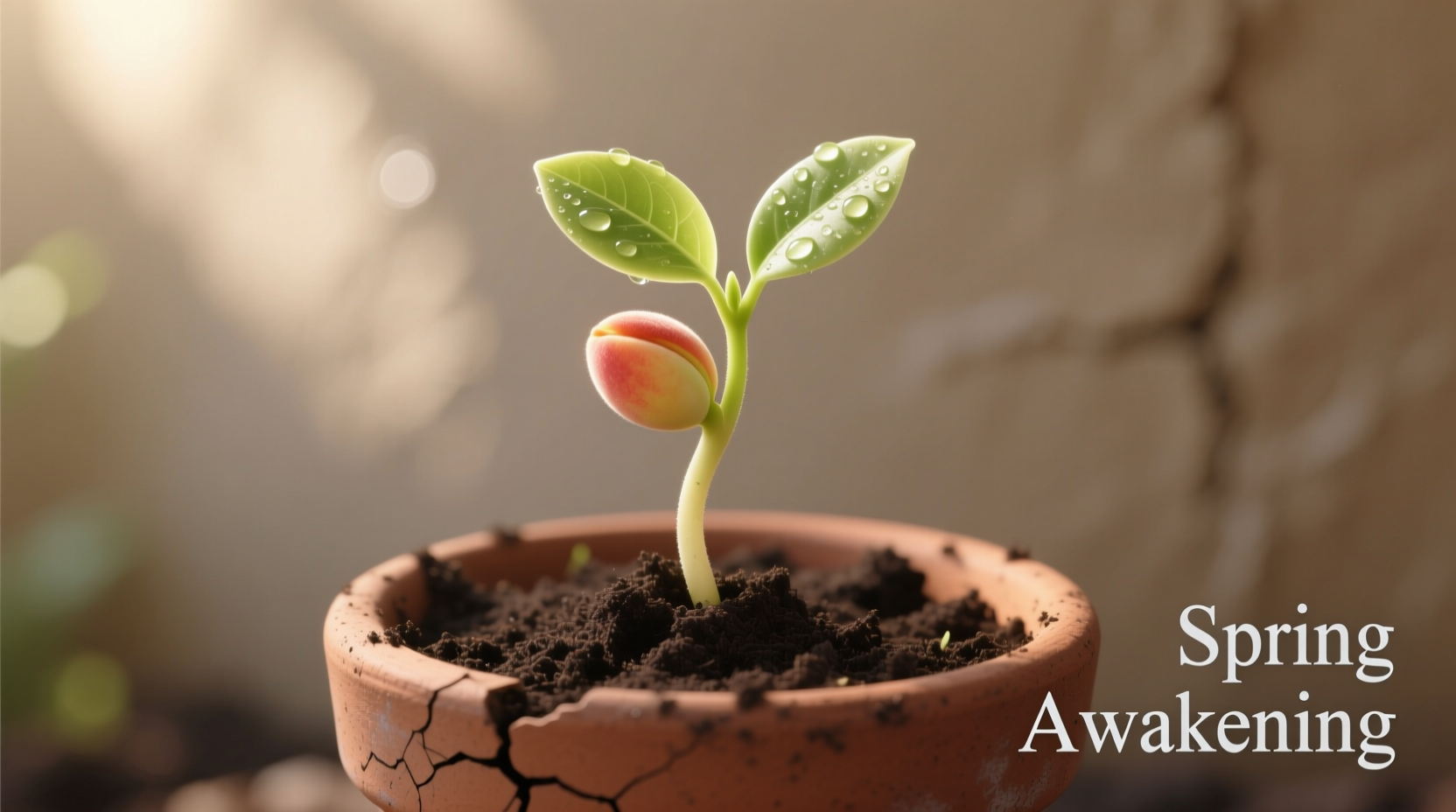 Peach seedling emerging from soil in container