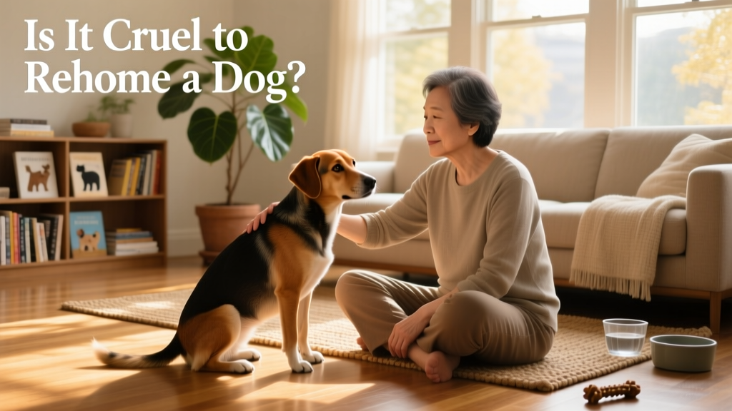 A thoughtful person sitting beside their calm, well-cared-for dog on a sunlit living room floor