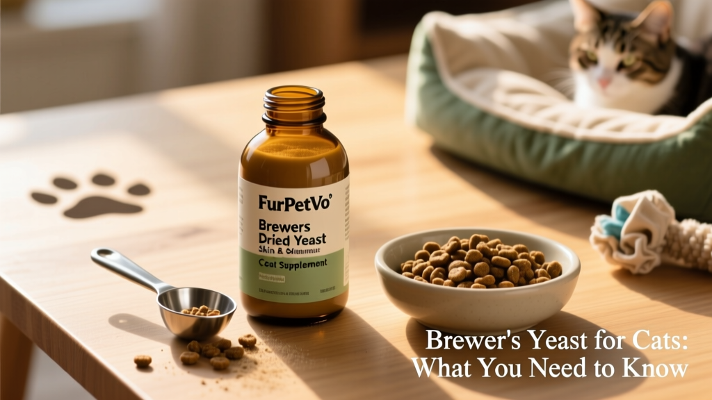 Close-up of FurPetVo’s Brewers Dried Yeast Skin & Coat Supplement bottle next to a small scoop and a bowl of kibble