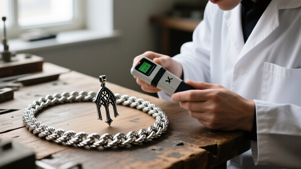 Jeweler using an XRF spectrometer to test the purity of a thick silver rope chain and custom gothic pendant on a wooden workbench.