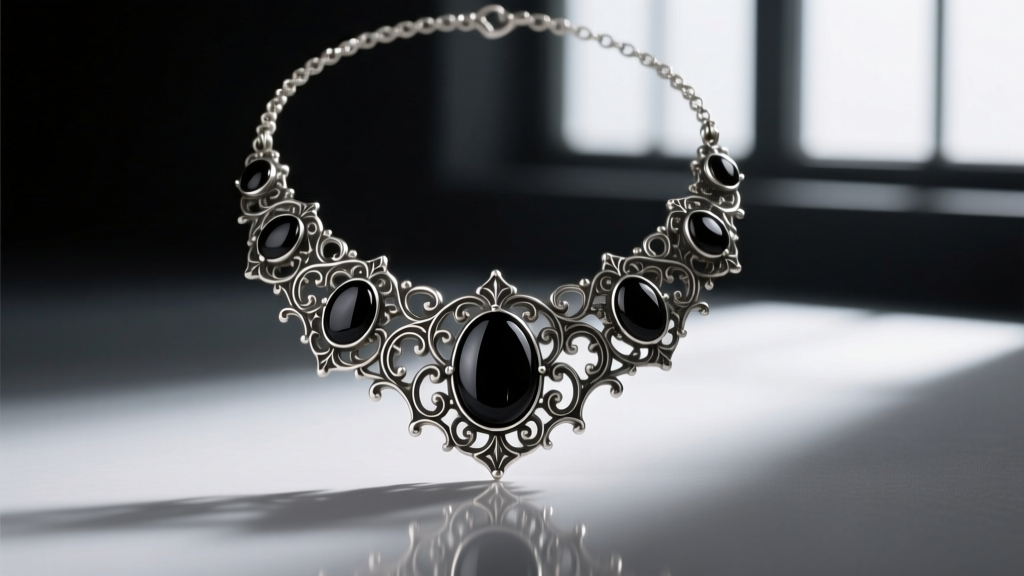 Oxidized sterling silver French Gothic necklace with black onyx cabochons and intricate filigree under moody studio lighting