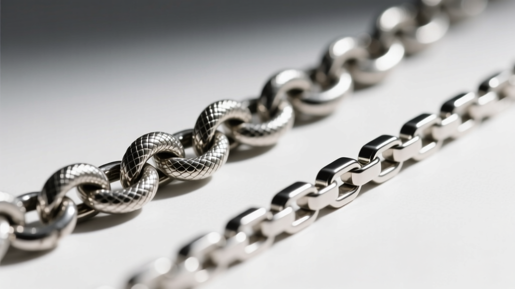 Close-up of a kinked silver-plated snake chain beside a pristine box chain, highlighting structural stress points on links